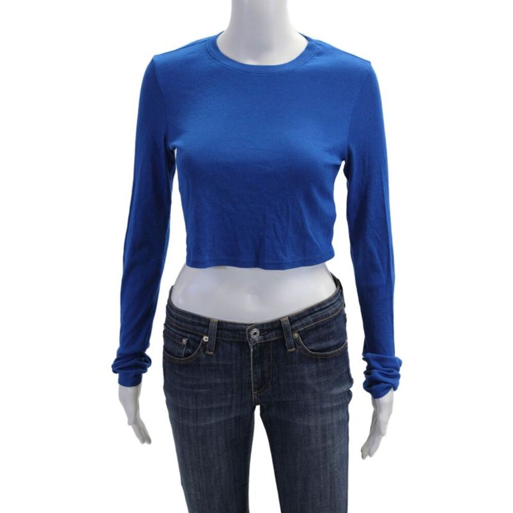 Cotton Citizen Womens Cropped Blue Long Sleeve Crew Neck T-Shirt Size M